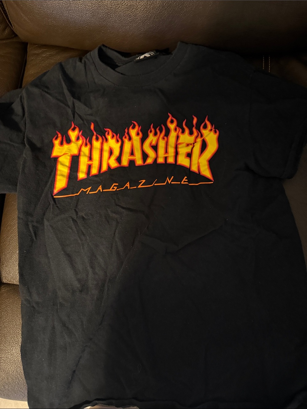 Thrasher Black Tee with Yellow and Orange Flame Logo